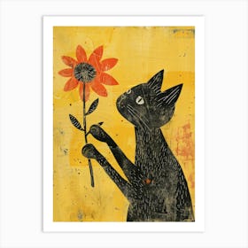 Black Cat With Sunflower Art Print