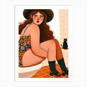 Woman Girl on Toilet, Flower Bathsuit, Black Cat, Hat, Boots, Heels Poster