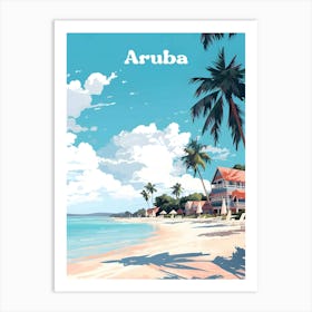 Aruba Street view Beach House Travel Illustration Art Art Print