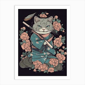 Cute Samurai Cat In The Style Of William Morris 4 Art Print