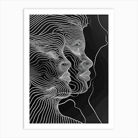 Black And White Abstract Women Faces In Line 8 Art Print