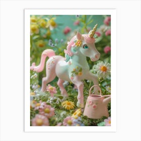 Toy Unicorn In The Garden Pastel Flowers Art Print