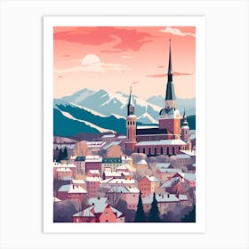 Vintage Winter Travel Illustration Salzburg Austria 3 Art Print