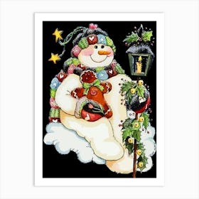 Happy Snowman With Lantern Art Print