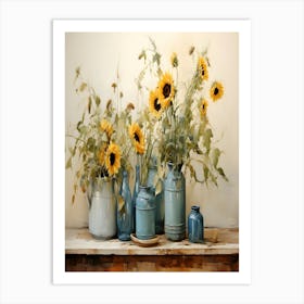 Sunflowers In Blue Vases Art Print