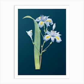 Vintage Butterfly Flower Iris Fimbriata Botanical Art on Teal Blue n.0311 Art Print