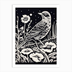 B&W Bird Linocut Lark 3 Art Print