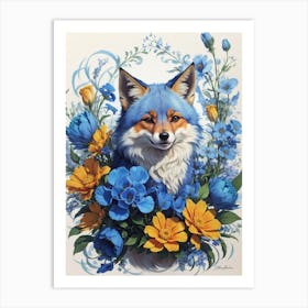 Blue Fox With Flowers Print Art Print