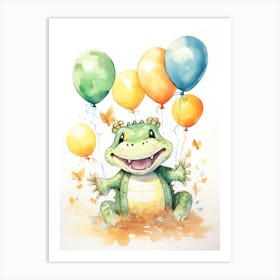 Crocodile Flying With Autumn Fall Pumpkins And Balloons Watercolour Nursery 4 Art Print