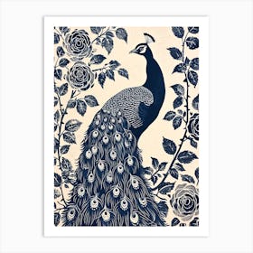 Navy Linocut Inspired Peacock With The Roses 1 Art Print