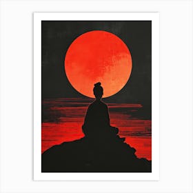 Asian Woman In Meditation, Red Moon Art Print