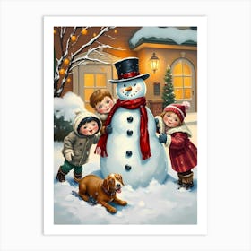 Snowman With Kids Art Print