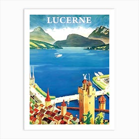 Lucerne, Switzerland, Aerial View, Travel Poster Art Print