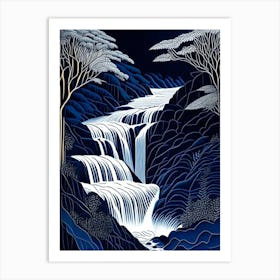 Waterfall Waterscape Linocut 1 Art Print