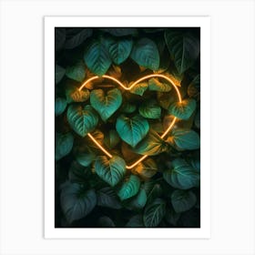 Neon Heart In The Leaves Art Print