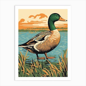 Vintage Bird Linocut Mallard Duck 2 Art Print