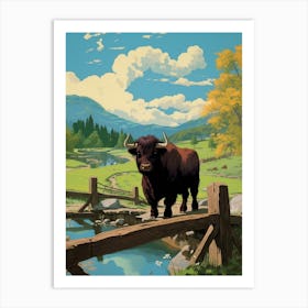 Brown Bull Crossing The Bridge With The Blue Sky Art Print