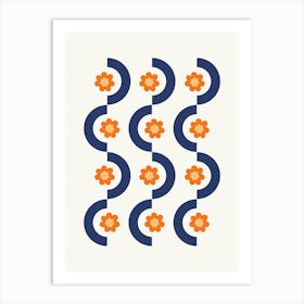 Geometric and Flower Pattern I in Navy Blue and Orange, Nostalgia Garden Shower Abstract Art Print