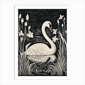 B&W Bird Linocut Swan 2 Art Print