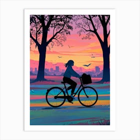 Girl Riding A Bicycle At Sunset Art Print