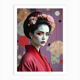 Geisha in Red-Pink Illustration-5 Art Print