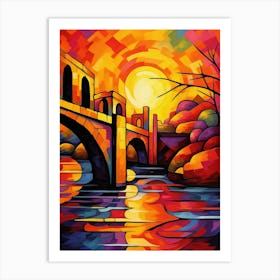 Bridge in Sunset, Vibrant Colorful Painting in Picasso Cubism Style Art Print