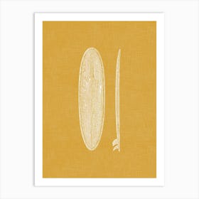 Vintage Surfboard Silhouette On Mustard Linen Texture Art Print