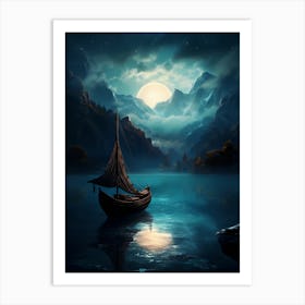 Viking Boat In The Moonlight 1 Art Print