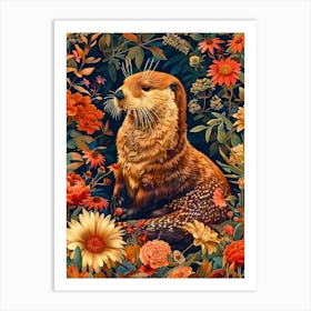 Otter In Flowers Inspired by William Morris Art Print