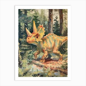 Cute Triceratops In The Woodlands Vintage Storybook Painting 2 Art Print