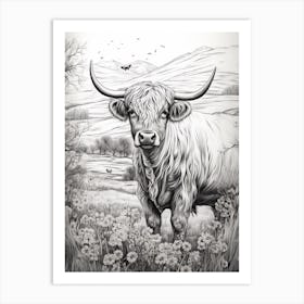 Black & White Illustration Of Highland Cow With Daisies Art Print