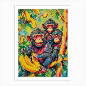 Three Monkeys Eating Bananas Art Print