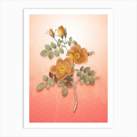 Austrian Briar Rose Vintage Botanical in Peach Fuzz Seigaiha Wave Pattern n.0095 Art Print