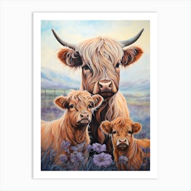 Highland Cow & Calves Simple Line Illustration 1 Art Print