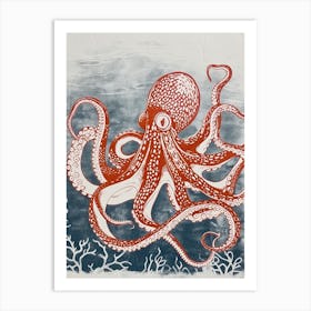 Linocut Inspired Octopus Deep In The Ocean 1 Art Print