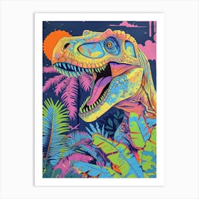 Neon T Rex Dinosaur Leaf Illustration Art Print