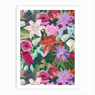 Lily And Colorful Flowers Pattern Art Print