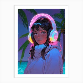 Girl With Headphones Art Print