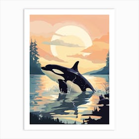 Orca Whale Sun & Trees Retro Geometric Art Print
