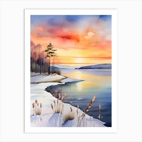 Winter Sunset Watercolor Painting Art Print