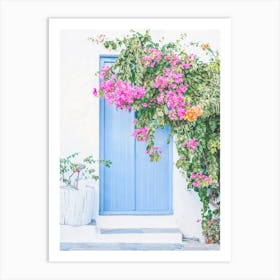 Milos, Greece I The blue wood door with pink Bougainvillea flowers and minimalist greek architecture with authentic charm and retro vintage pastel summer aesthetic photography in Cyclades islands like Santorini Art Print