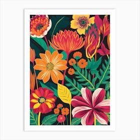 Colorful Flowers On A Black Background Art Print