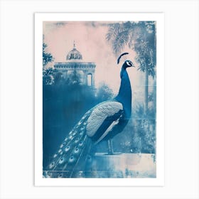 Peacock In A Tropical Garden Cyanotype Inspired Art Print