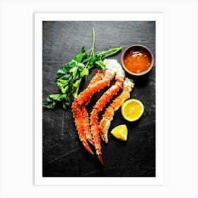 Seafood. Crab, herbs, lemon — Food kitchen poster/blackboard, photo art Art Print