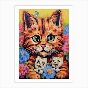 Louis Wain, Surreal Cat With Kittens And Flowers 1 Art Print