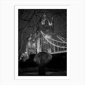 London Tower Bridge Rain Night Bw Art Print