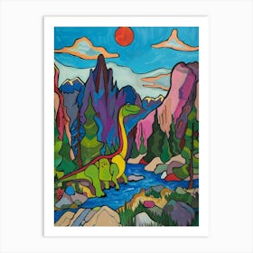 Colourful Wavy Line Dinosaur Mountain Illustration Art Print