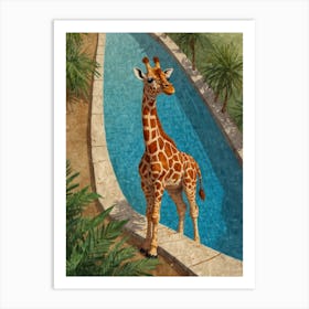 Giraffe By The Pool 1 Art Print