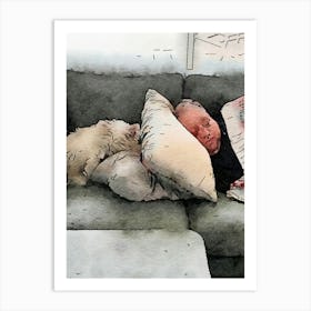 Watercolor Of A Dog Sleeping On A Couch Art Print