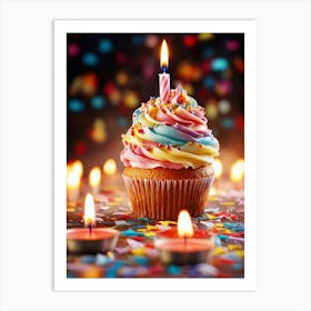 Cupcake Ablaze With Color Icing Swirling In A Kaleidoscope Pattern Single Candle Aglow Emulating A (4) Art Print